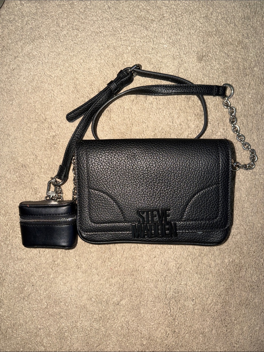 Steve Madden Black Pebbled Crossbody with Coin Pouch and Chain Detail